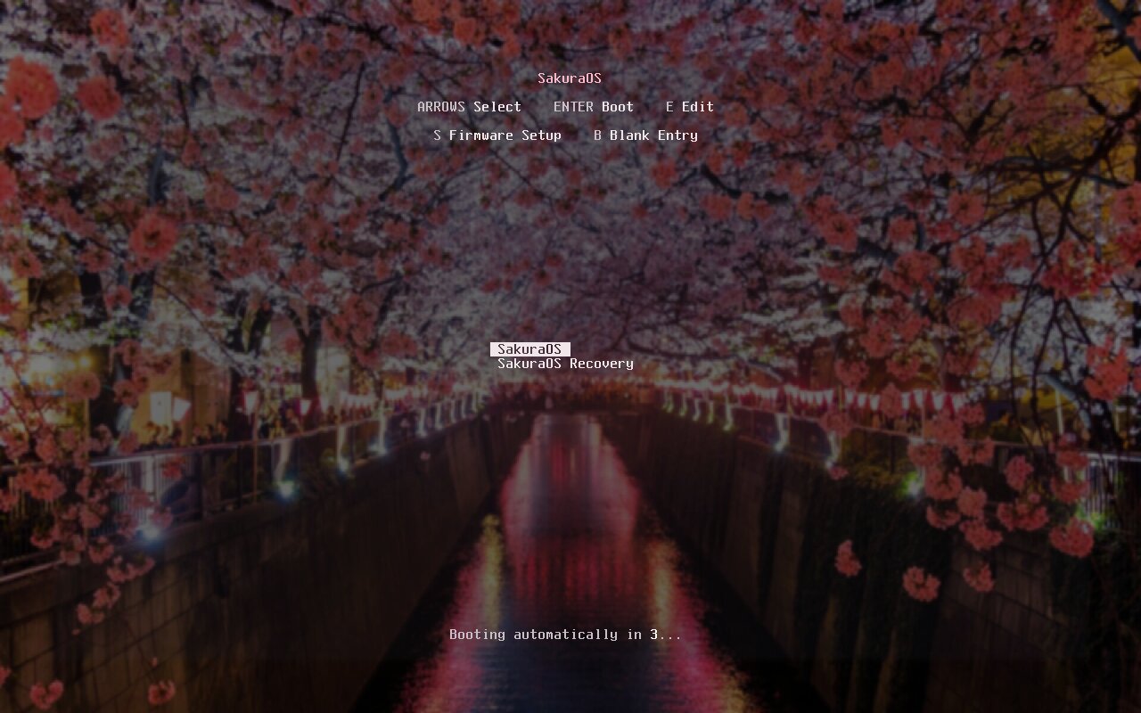 The SakuraOS boot menu listing SakuraOS and SakuraOS Recovery