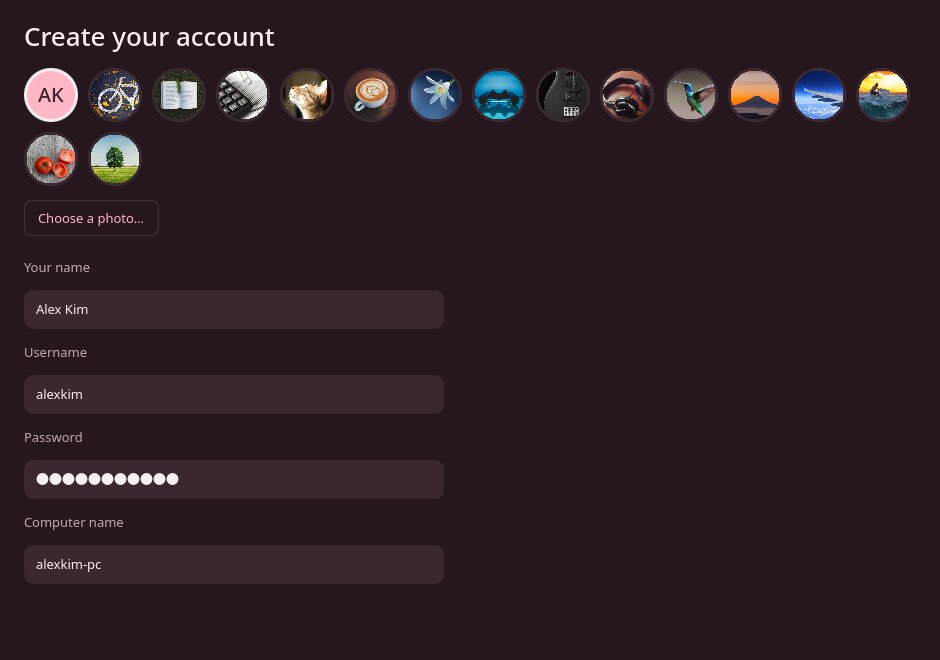 The Create your account screen, with a picture, name, username, password and computer name filled in