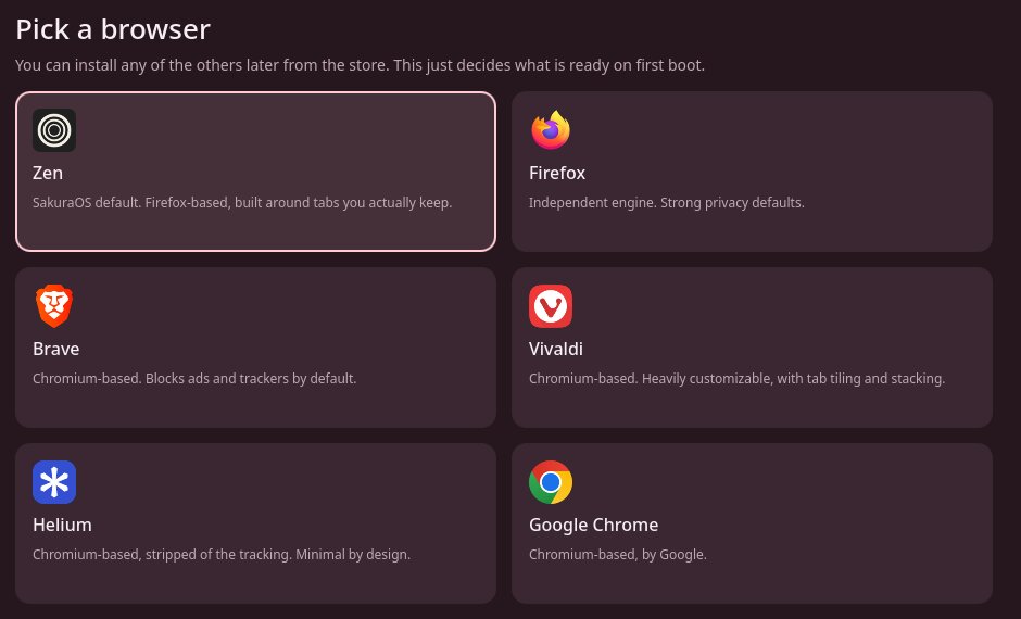The Pick a browser screen with Zen, Firefox, Brave, Vivaldi, Helium and Google Chrome