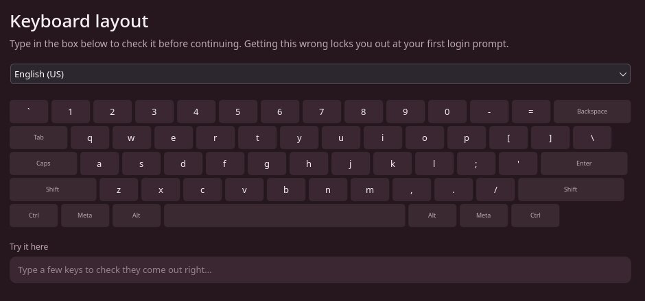 The Keyboard layout screen, showing the English (US) layout and a box to test typing