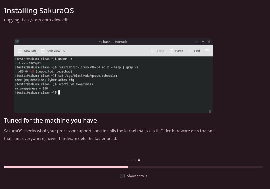 The install in progress, with a progress bar and a slide about the tuned kernel