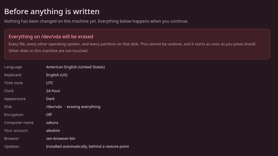 The summary screen, warning that everything on /dev/vda will be erased and listing each choice