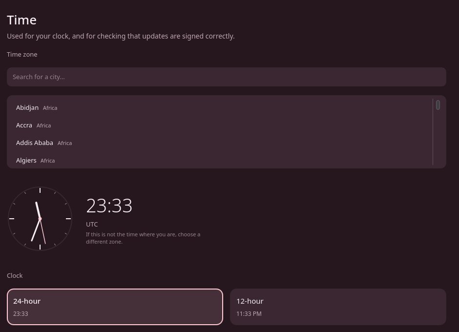 The Time screen, with a time zone search box, a clock, and a choice of 24-hour or 12-hour