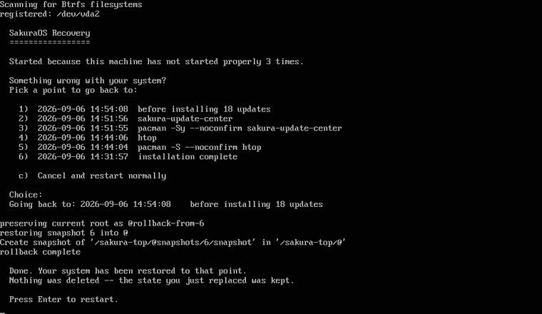 The recovery screen after going back, saying Done and Press Enter to restart