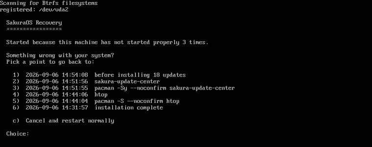 The SakuraOS Recovery screen listing six restore points by date, with c to cancel