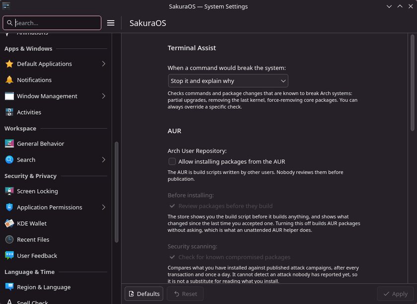 System Settings with the SakuraOS page open, showing the Terminal Assist and AUR settings