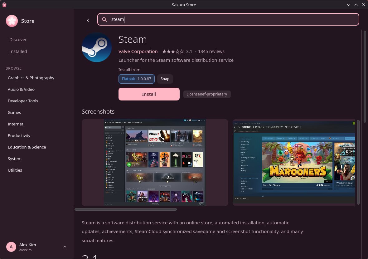 Steam's page in the App Store, with Install from showing Flatpak, selected, and Snap