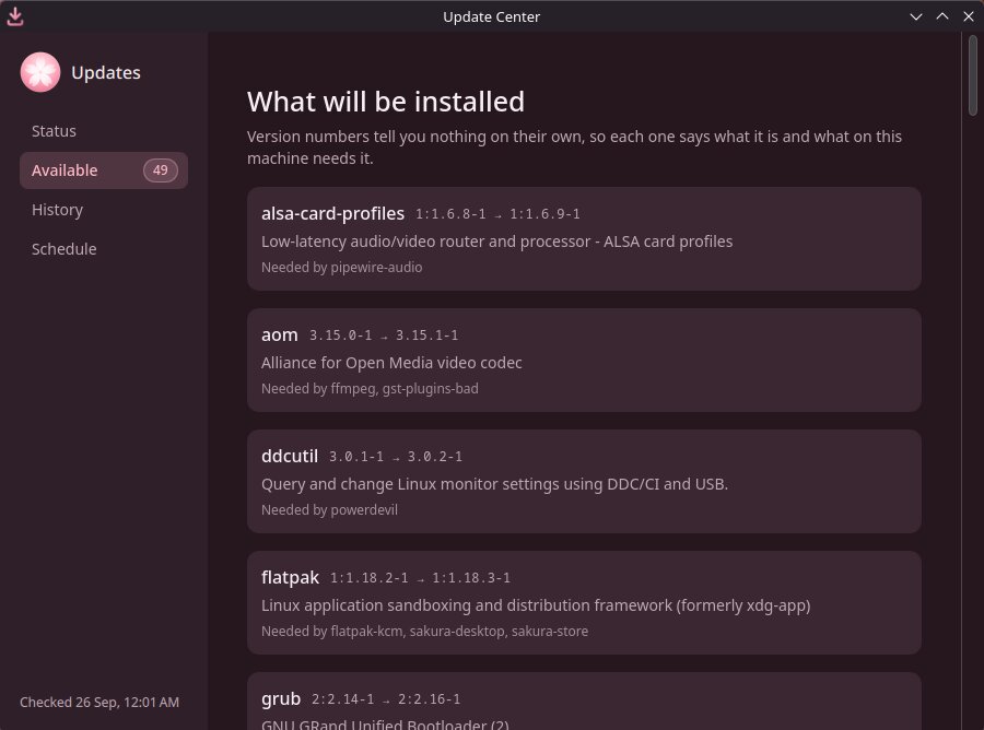 The Update Center Available tab listing updates, each with a description and what needs it
